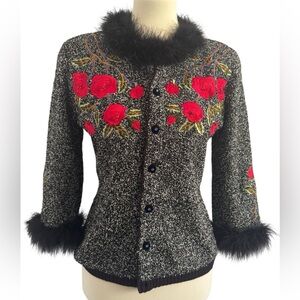 Vintage Just B Black Fur Trim Floral Embroidery Button Cardigan Size Small
